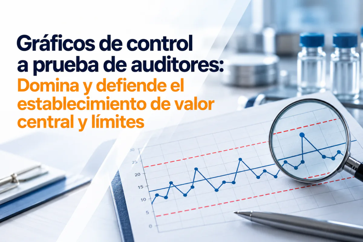 Gráfico de control con límites y una lupa sobre un informe de laboratorio: curso Gráficos de control a prueba de auditores