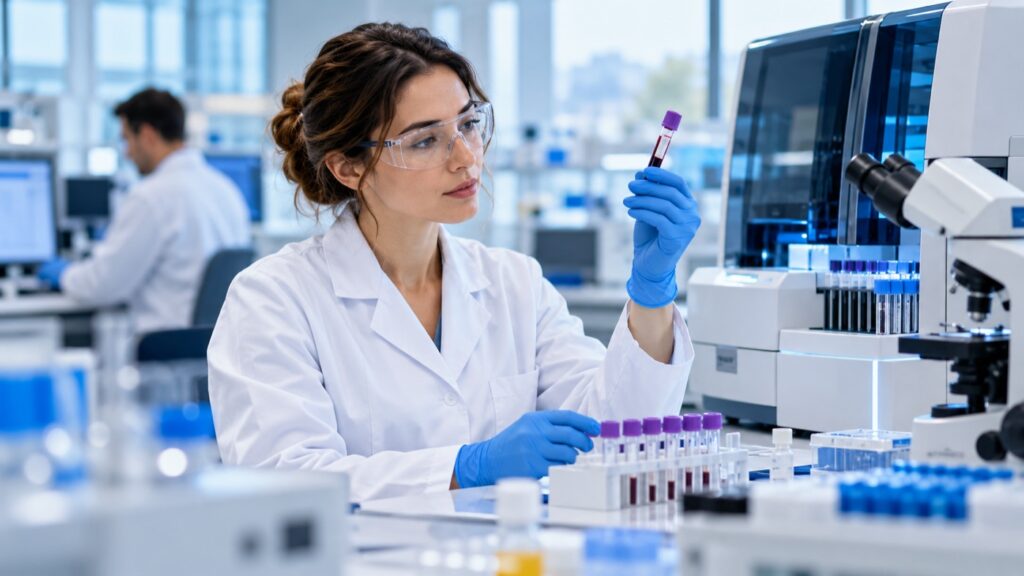 Técnica de laboratorio clínico revisando una muestra de sangre durante la acreditación ISO 15189